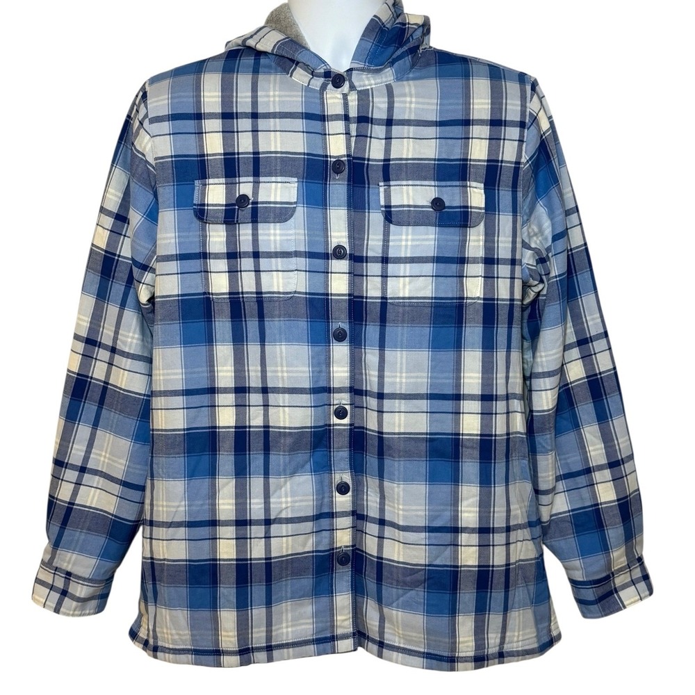 L.L.Bean‎ Womens M Fleece-Lined Flannel Hoodie Shirt Blue Plaid Long Sleeve